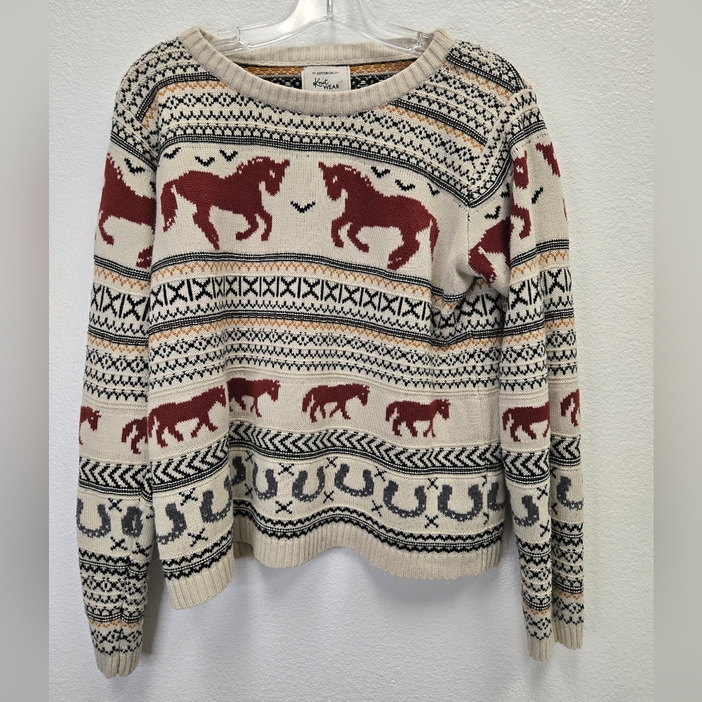 Cotton On Equestrian Pattern Sweater - Cream and Red